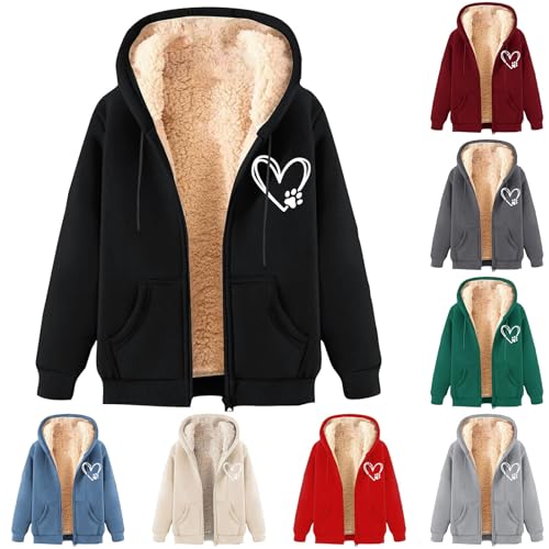 Ybing Sweatjacke Damen Herz Hundepfoten Winterjacke Elegant Sweatshirt mit Kapuze Warme Gefütterte Fleecejacke Reißverschluss Hoodie Jacke Casual Wintermantel Bequem Sportjacke