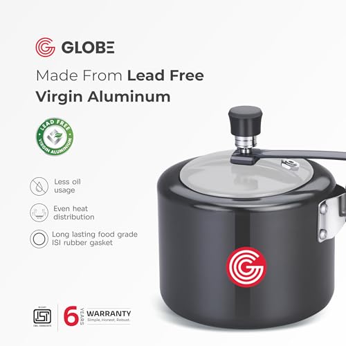 Image of Globe Brio 2 Litre Hard Anodised Inner Lid Induction Base Pressure Cooker (Black) BIS Certified And ISI Certified |6 Years Warranty