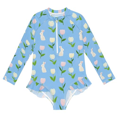 ALAZA Swimsuit for Girls Long Sleeve Rashguard Bathing Suit Tulip Rabbit Blue Quick Dry 4T