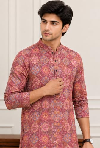 Image of FOXDX Men's Cotton Kurta, Ethnic Printed Kurta for Perfect Ethnic Look, Stand Collar Long Sleeve Casual Printed Regular Long Kurta