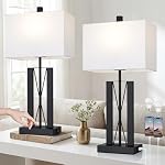 Lolikit Table Lamps for Living Room Set of 2, Modern Table Lamp with 2 USB Charging Ports, Nightstand Geometric Bedside Lamp with White Shade for Bedroom End Table Desk Office(2 LED Bulb Included)