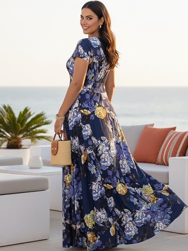 Image of KOH KOH Womens Long Floral Print Cap Sleeve Modest Flowy Summer Maxi Dress Gown