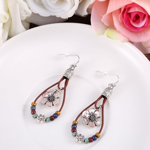 Boho Flower Earrings, Vintage Dangle Drop Handmade Nature Stone Earrings Bohemian Vintage Floral Dangle Drop Dangling Country Concert Outfits Accessories for Women Gift4