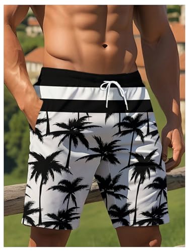 Men's Tropical Print Color Block Drawstring Beach Shorts Quick Dry Straight Leg Swim Trunks with Pocket2