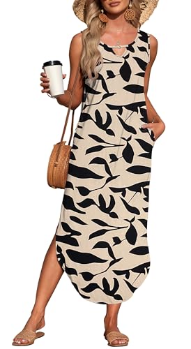 AUSELILY Damen Sommer Maxikleid Ärmellos Freizeit Locker Strandkleid mit Taschen Aprikose Schwarzes Blatt L