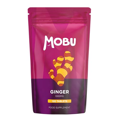 Ginger 1000mg 120 Tablets | Ginger Root Extract | Digestion Travel Sickness & Joint Support | Letterbox Friendly | Vegan UK Made | GMP Approved | MOBU