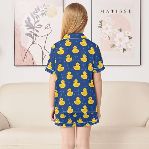 Yellow Cute Ducks Summer Satin Pajama Set, Cute Button-Down Sleepwear Pj Set for Sleep Wears4