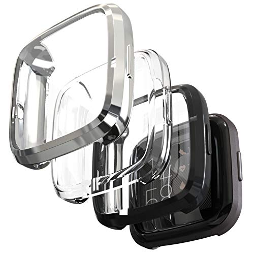 KPYJA Case Compatible Fitbit Versa 2 Screen Protector, (3 Pack) Full Coverage Soft TPU Case Slim Screen Protective Bumper Cover Saver Shell for Fitbit Versa 2 Smartwatch(Black/Silver/Clear)