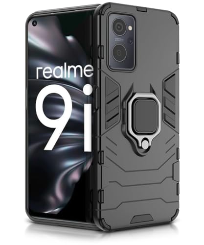 Image of WOW IMAGINE Shock Proof Back Case Mobile Cover for Realme 9I 4G | Back Cover Case (Tough Armor | Hybrid PC + TPU | Ring Holder & in-Built Kickstand | Black)