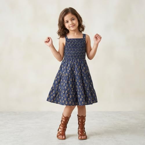 Image of The Magic Wand Kids Girls Printed Cotton Summer Dresses, Knee Length Sleeveless Casual Western Stylish One Piece Fit & Flared Frock for Beach & Vacations