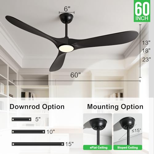 Image of 60 Inch Ceiling Fans with Lights and Remote, Wood Outdoor Ceiling Fan with 6 Speed Noiseless DC Motor, Indoor Modern 3 Blade Propeller Ceiling Fan for Bedroom Living Room Gazebo Patio (Black)