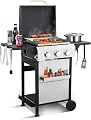 GRILL DEPOTS 3 Burner Propane Gas Grill with Foldable Side Tables & Lid, 30,000 BTU Outdoor BBQ Grill for Backyard Patio - Stainless Steel Plancha & Cast Iron Cooking Grids Combo