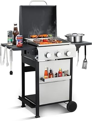 GRILL DEPOTS 3 Burner Propane Gas Grill with Foldable Side Tables & Lid, 30,000 BTU Outdoor BBQ Grill for Backyard Patio - Stainless Steel Plancha & Cast Iron Cooking Grids Combo