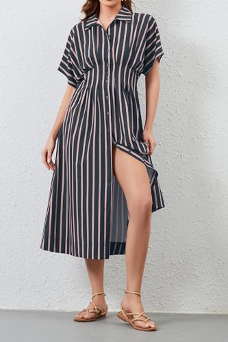 Image of MSBESYOR Women Button Front Pleated Shirt Maxi Dress Summer Striped Prints Short Sleeve Collar Casual Long Dresses