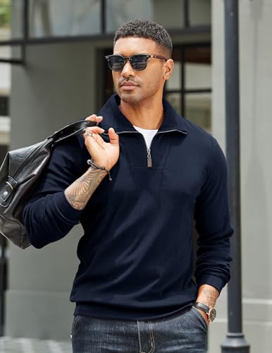 COOFANDY Men's Quarter Zip Up Pullover Mock Neck Long Sleeve Sweater Casual Corduroy Polo Sweatshirt - Image 3