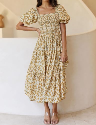 Image of ZESICA Women's 2026 Summer Boho Floral Print Dress Square Neck Ruffle Swing Beach Vacation Long Maxi Dresses