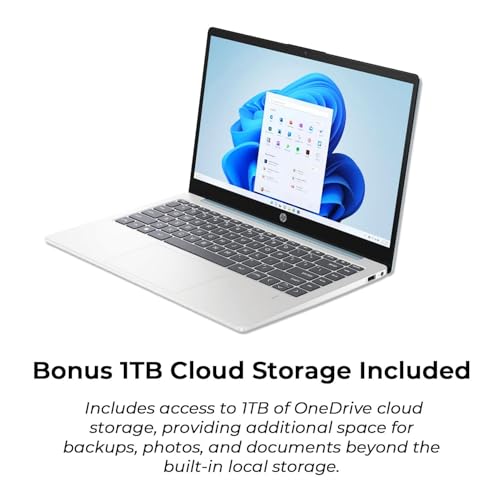 Image of HP 14 inch Moonlight Blue Laptop with Office 365, AMD CPU, 4GB DDR5 On-Board RAM, 1.1TB Storage (128GB SSD and 1TB OneDrive), HD Display, Windows 11, Energy-Efficient & Quiet Performance