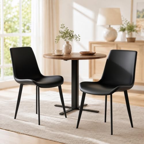Image of Black Dining Chairs Set of 8, Mid Century Modern Faux Leather Kitchen Chairs, Comfy Upholstered Dinner Chairs with Durable Metal Legs for Dinning Room Living Room Kitchen, Black