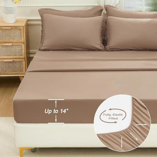 Image of Andency Oversized King Comforter Set with Sheets 128x120 Taupe - 7 Pieces Bed in a Bag Boho Soft Lightweight Bedding Sets, Tassel Bed Set with Comforter, Sheets, Pillowcases & Shams