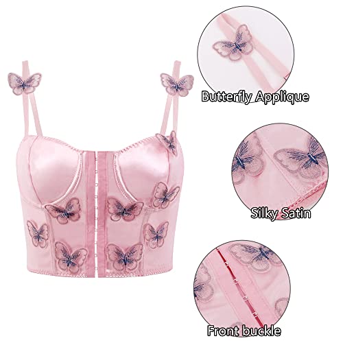 Testudineus Women Vintage Butterfly Corset Crop Top Satin Silk Front Buckle Bustier Fashion Y2K Rave Tube Top #TOP5