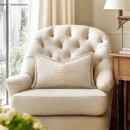 Image of MIULEE Decorative Lumbar Throw Pillow Covers for Couch Bed Livingroom 12x20 Inch Set of 2 Beige Boho Accent Throw Pllows Broadside Striped Patchwork Soft Corduroy Pillowcases