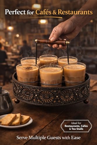 Image of Cutting Chai Glass Set of 6 - Traditional Indian Tea Glasses with Heavy Brown Metal Holder Stand | Tapri Style Chai Cups for Home, Kitchen, Cafe, Restaurant, Dhaba, Office & Tea Stall Use