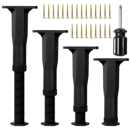 4 Stück Möbelfuß Höhenverstellbar, 15-28cm Schwarz Verstellbare Bettfüße, Ausziehbar Möbel Füße mit Schrauben und Schraubendreher, Maximale Belastbarkeit 250kg, Geeignet für Betten, Sofas, Nachttische