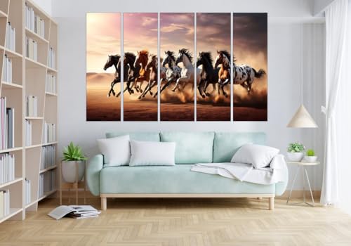 Image of KYARA ARTS 7 Horses Wall Painting for Living Room Big Size (30inchx48inch) 7 Running Horses Painting Vastu for Bedroom, Office, Hotel - Wall Decor Wooden Framed-Digital Painting