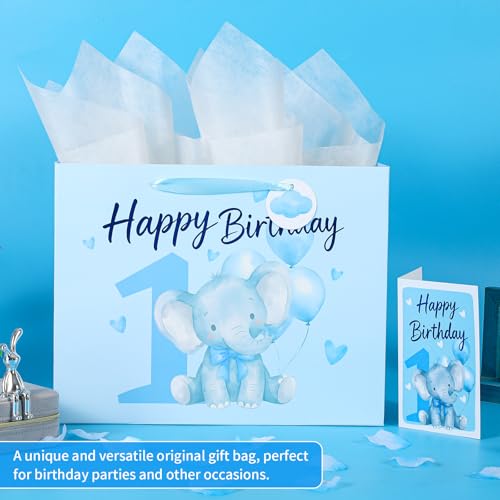 Image of Powbrace 13 inch 1st Birthday Gift Bag with Tissue Paper and Greeting Card for Party, Happy Birthday Gift Bag for Men Women,Gift Bags Medium size(1 PCS Blue Cartoon)