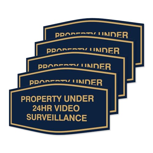 All Quality Fancy Property Under 24Hr Video Surveillance Sign | Property Security Sign with Easy Installation | 24/7 Security Monitoring (Blue/Gold) - X-Large 5 Pack