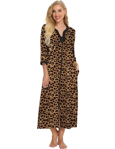 Image of Bloggerlove House Dresses for Women Zip Up Robes Soft Cotton Nightgown Half Sleeve House Coat Long Night Gowns Sleepwear