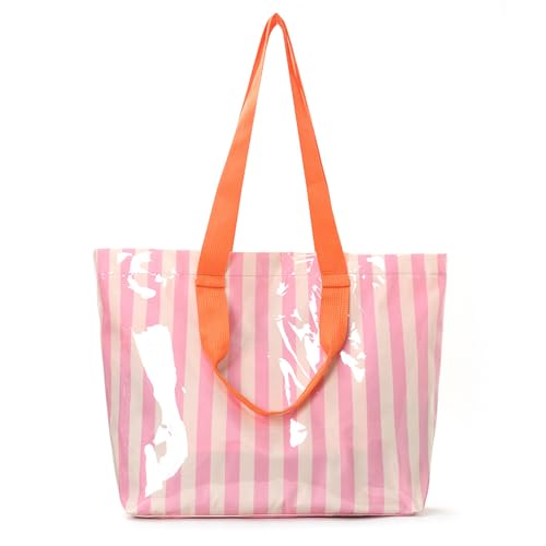 GETERUUV Striped PVC Tote Bag Waterproof Beach Bag Striped Shoulder Purse Plastic Top Handle Handbag for Summer & Pool Use