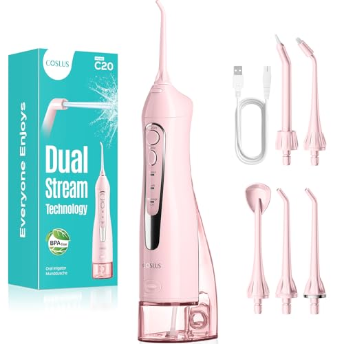 COSLUS Water Dental Flosser Teeth Pick: 2026 Upgraded Portable Cordless Waterproof Flossing 300ML Rechargeable Travel Irrigation Cleaner IPX7 Pink