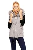 Ideal für die Wintertage Mayaadi Damen Weste Fellweste Jacke Parka Kunstfell Fell Ärmellose Kunstfellweste Pelz Taschen Winter Herbst Winterjacke Frauen Pelzweste Fellkapuze Pelzjacke Damenweste WS-957 Grau M
