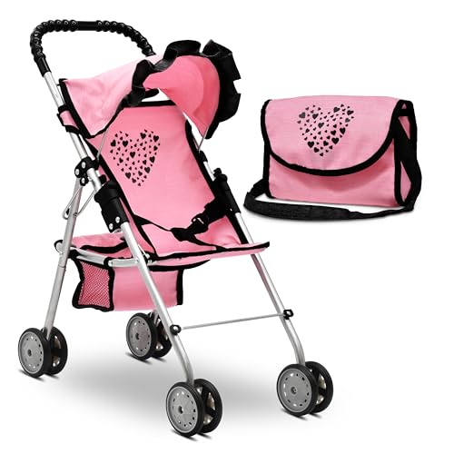 Baby Doll Stroller for Girls, Toddler Play Toy Buggy Carriage Foldable with Canopy Storage Basket Travel Diaper Bag Heart Design