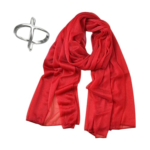 COACOM Cachecol de seda vermelho com fivela, macio e elegante, cor sólida sarongue retro, senhoras chiffon xaile respirável, Vermelho