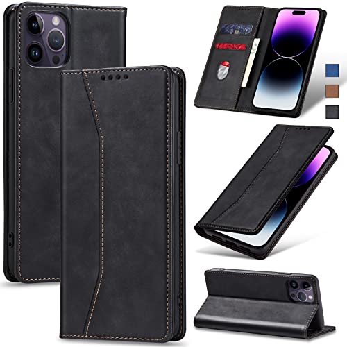 Image of Jasonyu Flip Wallet Case for iPhone 14 Pro max,Leather Magnetic Folio Cover with Card Holder,Kickstand - TPU Shockproof Durable Protective Phone Case,Black