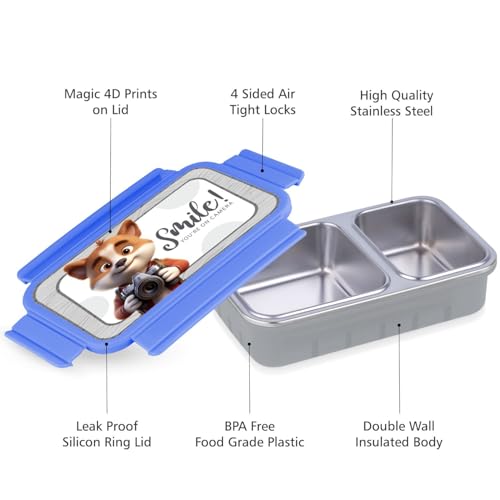 Image of Aliensware 4D Bento Kids Lunch Box with 2 Compartment, Microwave-Safe BPA Free Advance Coating Stainless Steel Kids Lunch Box, Food Grade Tiffin Box for School, College, Picnic, office-500ml(MB03-BLU)