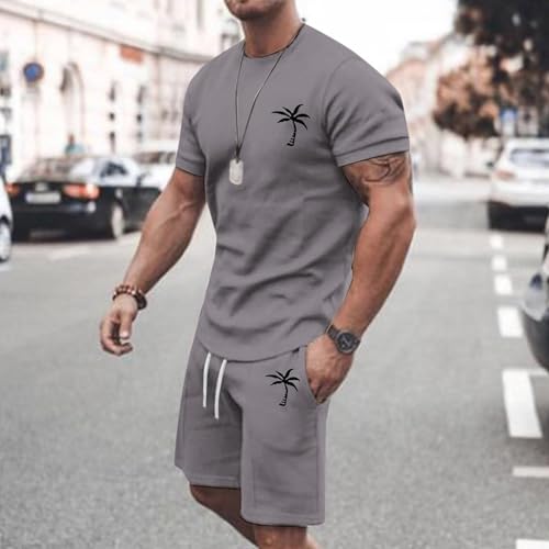 Men'sFashion Palm Print 2Piece Shorts Set Summer Casual