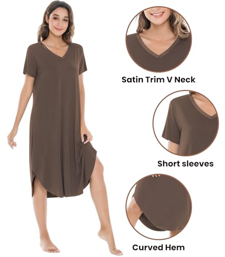 Image of NACHILA Nightgowns for Women-Viscose Made from Bamboo, V Neck Sleepshirts Short Sleeve Sleepwear Cool Nightshirt