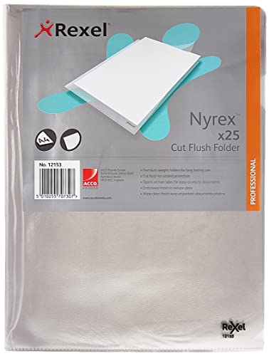 Rexel Nyrex Premium A4 Document Folder, Clear Embossed, 100mic, Cut Flush, L-Folder, Pack of 25, 12153