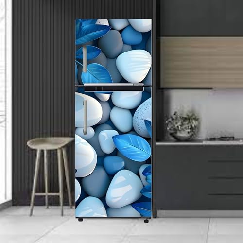 Image of DesignDecor Vinyl 3D Flower Fridge Sticker, 24x60 cm, Marble Texture, Double Door Refrigerator (Blue)