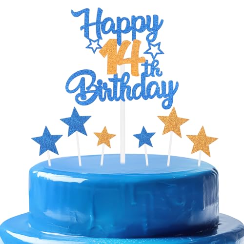 Decoración para tarta de cumpleaños con temática de dibujos animados para niños, número 14, decoración feliz de doble cara, brillo de doble cara, decoración de celebración de cumpleaños para niños y