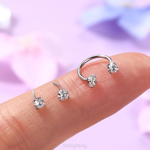 Melighting 20G Horseshoe Nose Rings Stainless Steel 316L, Double Cubic Zirconia Threadless Push in Nose Stud Hoop Piercing, Cartilage Lip Helix Piercing Jewellery for Women 7/8/9 mm2