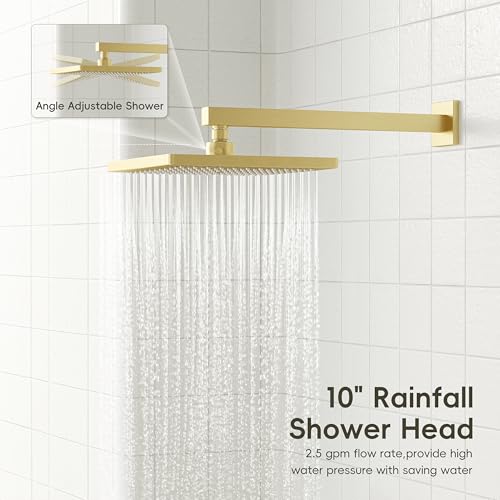 Image of Gabrylly Shower System Gold, Wall Mounted Shower Faucet Set for Bathroom with High Pressure 10 inch Rain Shower head and 3-Setting Handheld Shower Head Set, 2 Way Shower Valve Kit, Brushed Gold