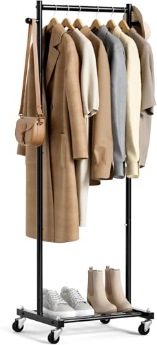 MISSLO Kleine Kleiderstange zum Aufhängen von Kleidern auf Rollen 152 cm Metall-Kleiderstange mit Regalen Tragbarer freistehender rollender Kleiderständer für kleine Räume, Schwarz