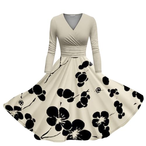 Robe décontractée femme col en V profond et manches longues style tunique trapèze