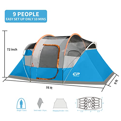 CAMPROS-CP-Tent-9-Person-Camping-Tents-2-Room-Water-Resistant-Family-Tent-with-Top-Rainfly-4-Large-Mesh-Windows-Double-Layer-Easy-Set-Up-Portable-with-Carry-Bag