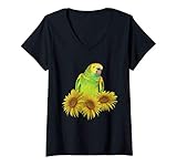 Un pappagallo verde e un disegno di girasole per gli amanti degli uccelli. Presenta un pappagallo del genere Amazona appollaiato in un nido di tre girasoli.