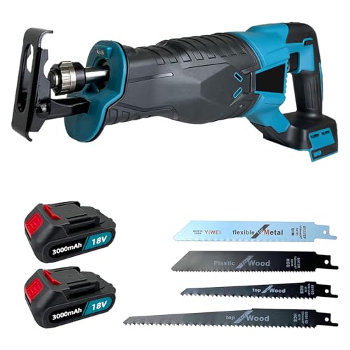 Scie sabre sans fil 18 V sans balais pour Makita avec 4 lames de scie à vitesse variable de 0 à 3000 SPM, pour bois et métal et aluminium (2 batteries Li-ion de 3,0 Ah et chargeur)